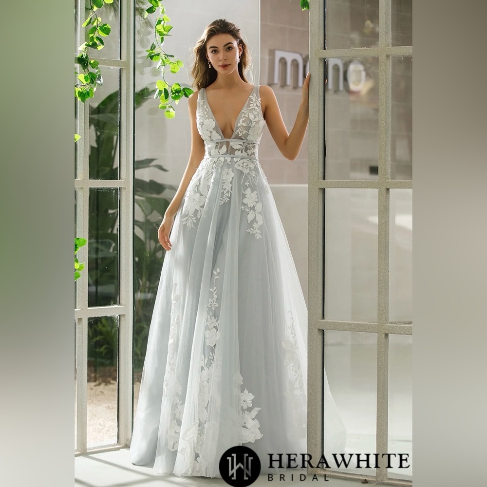 HERA WHITE Prom Plunging V-neck Floral Motifs Wedding Dress SZ 10 Grey/ivory
